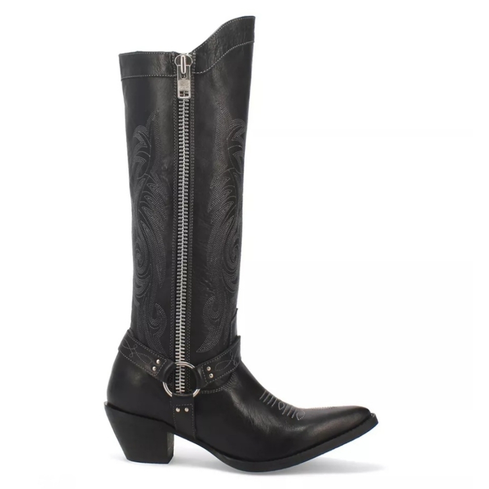 Laredo Tall Cowboy Boots Black Leather Moto Harness Zipper Embroidered